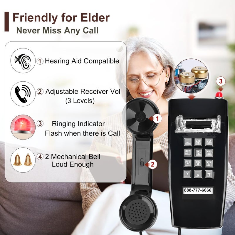 HTMengt Traditional Wall Phone (Hearing Aid Compatible),2554 Wall Telephone Ringing Indicator,Retro Wall Phones for Landline Mechanical Ring,Old Wall Mount Telephone for School,Home,Kitchen,Black - Image 3